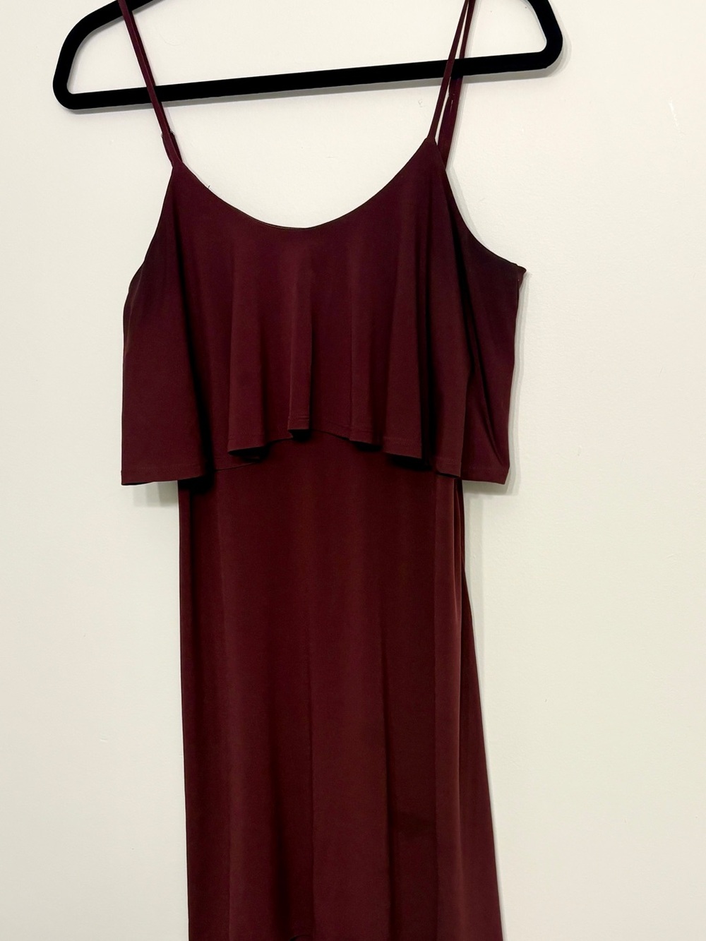 BCBGeneration Burgundy Ruffle-Overlay Spaghetti Strap Dress